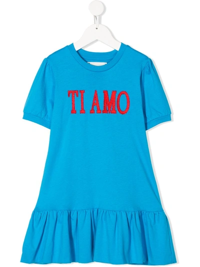 Alberta Ferretti Kids' Ti Amo Embroidered Dress In Blue
