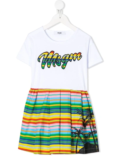 Msgm Kids' Embroidered Rainbow Logo Dress In White