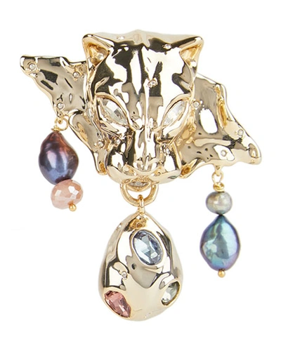Alexis Bittar Cultured Freshwater Pearl, Stone Studded Panther Head Pin In Gold