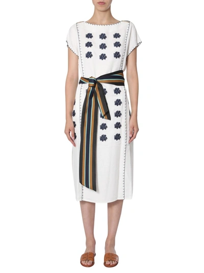 Tory Burch Floral Embroidered Striped-belt Midi Dress In White