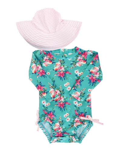 Rufflebutts Kids' Baby Girls Ruffle One Piece Rash Guard Swim Hat Set Upf 50 In Blue