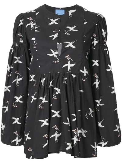 Macgraw Bird Print Puff Sleeve Blouse In Black