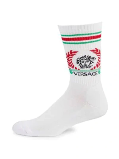 Versace Men's Logo Intarsia Crew Socks In White Red