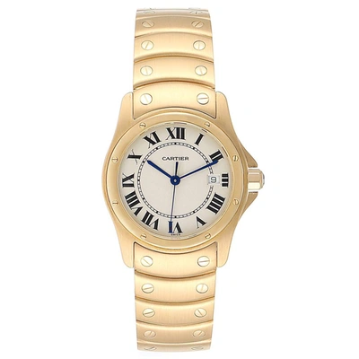 Pre-owned Cartier White 18k Yellow Gold Santos Ronde W20028g1 Women's Wristwatch 33 Mm