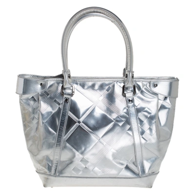 Pre-owned Burberry Silver Beat Check Patent Leather Ember Tote