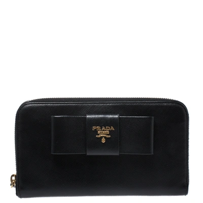 Pre-owned Prada Black Saffiano Lux Leather Bow Zip Around Wallet