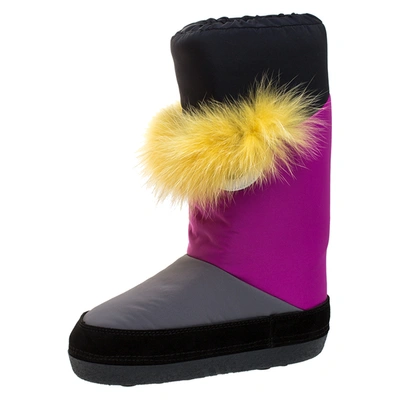 Pre-owned Fendi Multicolor Suede, Nylon And Fox Fur Monster Snow Boots Size 37