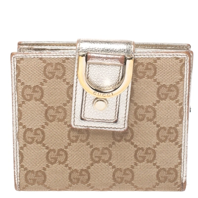 Pre-owned Gucci Beige/metallic Gold Gg Canvas Abbey D Ring Compact Wallet
