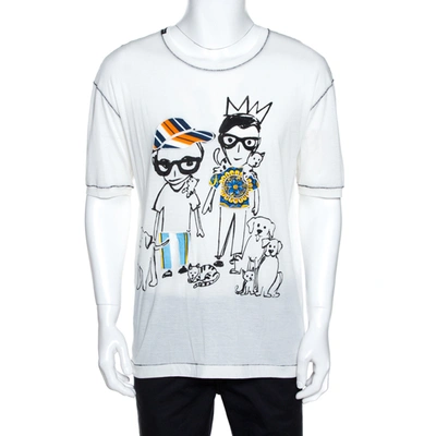 Pre-owned Dolce & Gabbana White Designers & Pets Print Cotton Silk T-shirt Xs