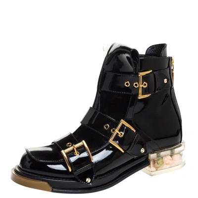 Pre-owned Alexander Mcqueen Black Patent Leather Buckle Detail Rose Heel Ankle Boots Size 40