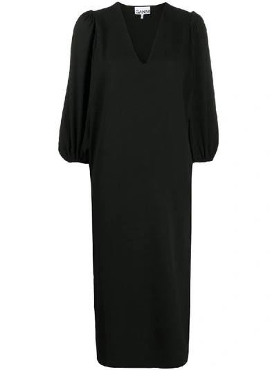 Ganni Heavy Crepe Puff-sleeve Midi Dress In Black