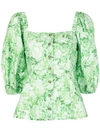 Ganni Puff-sleeve Rose Print Cotton Poplin Blouse In Green-lt