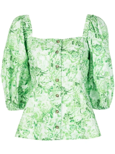 Ganni Puff-sleeve Rose Print Cotton Poplin Blouse In Green-lt