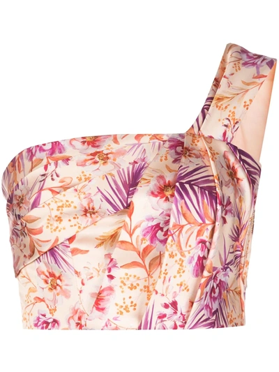 Amur Madame Satin Pleated Floral Crop Top In Cantaloupe Rosa Floral