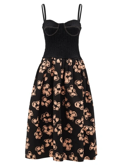 Marina Moscone Shirred-bodice Floral-print Dress In Black Pale Peach