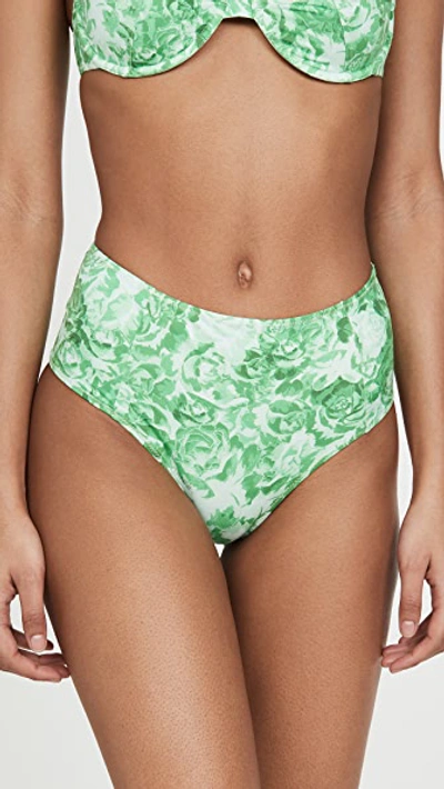 Ganni Recycled Rose Print High-waist Bikini Bottoms In Patina Green