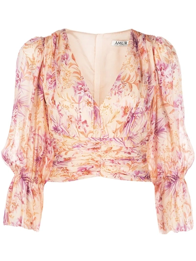 Amur Gitana Floral Silk Cropped Blouse In Rosa Floral Combo