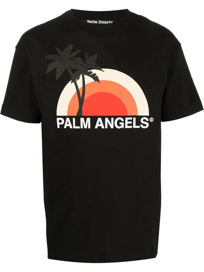 Palm Angels Sunset Print Cotton Jersey T-shirt In Black Multicolor