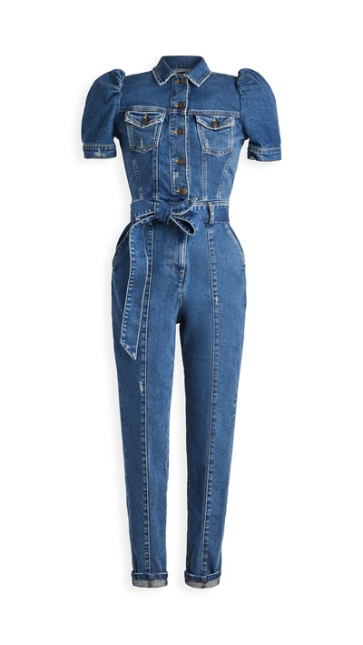 Retroféte Tori Belted Distressed Denim Jumpsuit