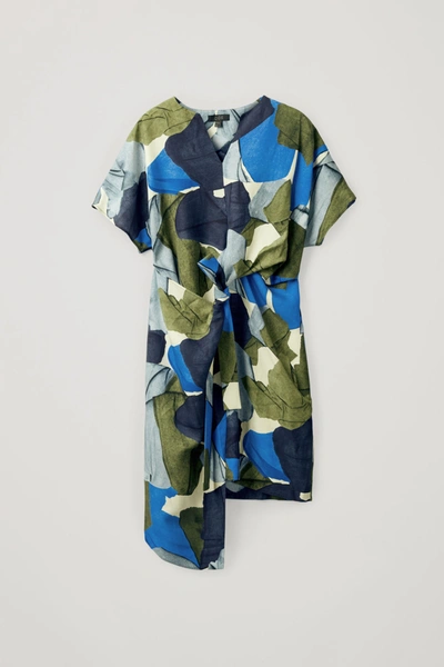 Cos Printed Linen-mix Dress In Blue