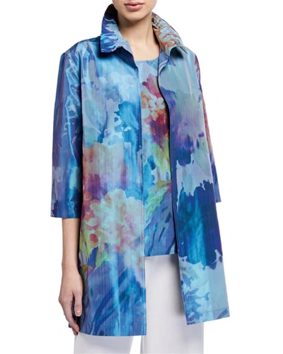 Caroline Rose Garden Gala Watercolor Printed Taffeta Jacket In Blue/multi