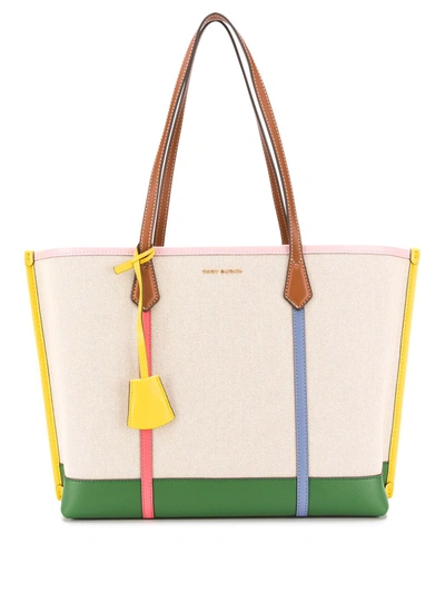 Tory Burch Perry Multicolored Strap Canvas Tote Bag In Beige