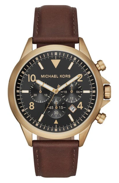 Michael Kors Gage Chronograph Leather Strap Watch, 45mm In Gold/brown