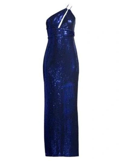 Aidan Mattox Asymmetric Metallic Knit Gown In Cobalt