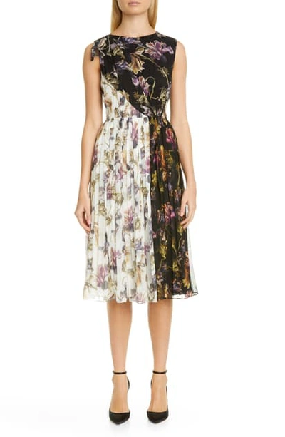 Jason Wu Collection Floral Print Colorblock Crinkle Silk Chiffon Dress In Black Multi
