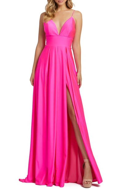 Mac Duggal Plunge Neck Pleated Gown In Electric Pink