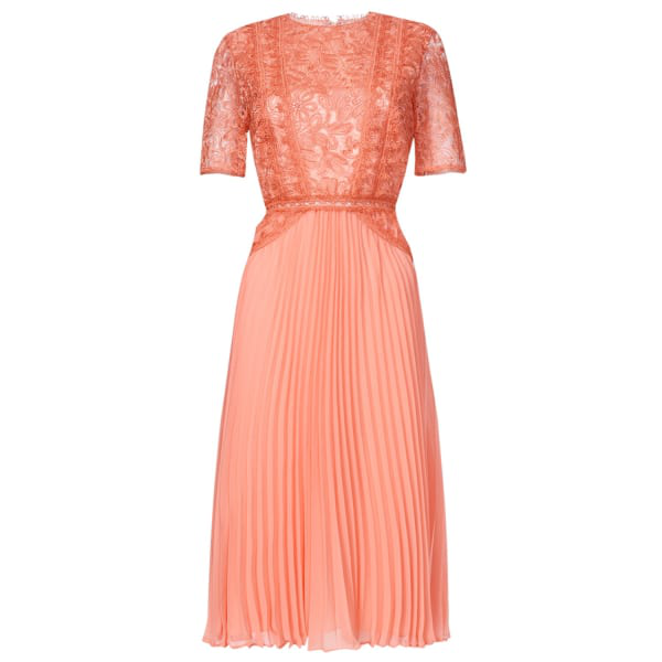 peach lace midi dress