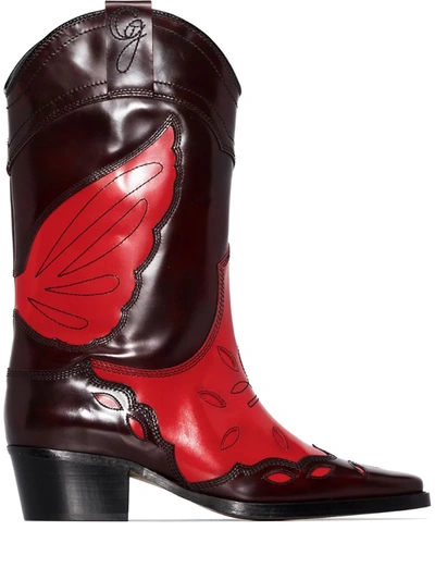 Ganni Black And Red High Texas 70 Leather Cowboy Boots