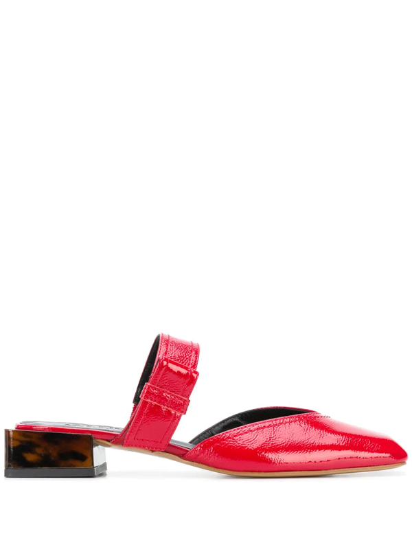 red patent leather mules