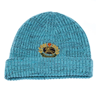 Pre-owned Burberry Topaz Blue Marled Wool Blend Knit Crest Embroidered Beanie