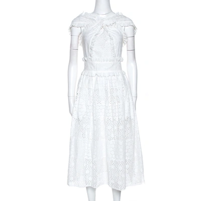 Pre-owned Oscar De La Renta White Eyelet Cotton Cross Front Dress S