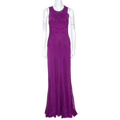 Pre-owned Roberto Cavalli Fuschia Crochet Knit Sleeveless Maxi Dress S In Purple
