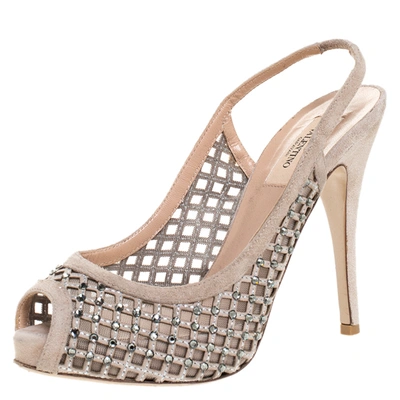 Pre-owned Valentino Garavani Beige Crystal Suede Lattice Slingback Platforms Sandals Size 37.5