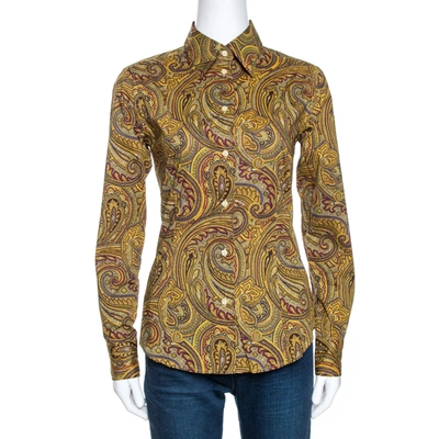 Pre-owned Etro Yellow Paisley Print Stretch Cotton Contrast Trim Shirt S