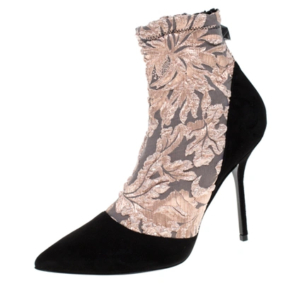 Pre-owned Pierre Hardy Black Suede Leather And Pink Floral Fabric Pointed Toe Ankle Boots Size 38.5