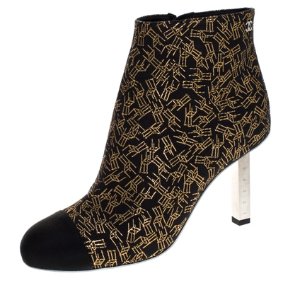 Pre-owned Chanel Black/gold Printed Fabric Cap Toe Ankle Boots Size 36.5