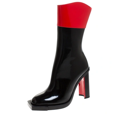 Pre-owned Alexander Mcqueen Black/red Patent Leather Hybrid Mid Calf Boots Size 36