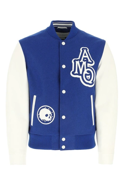Alexander Mcqueen Varsity Jacket With Leather Logo Patch In Blue,white