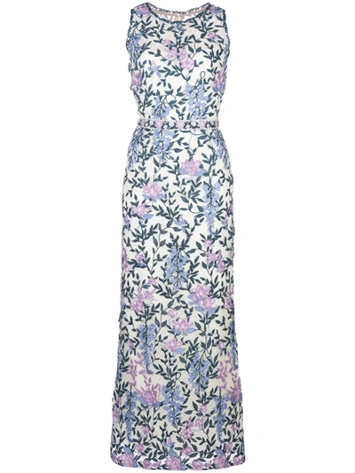 Marchesa Notte Floral-embroidered Dress In Ivory Teal