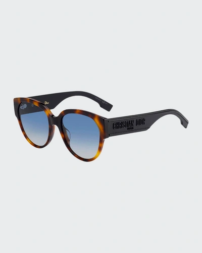 Dior Id2 Round Acetate Sunglasses W/ Logo Arms In Dark Havana/black Blue Crystal Gradient