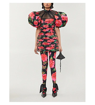 Richard Quinn Floral-print Puff-sleeve Satin-crepe Mini Dress In Fuchsia |  ModeSens