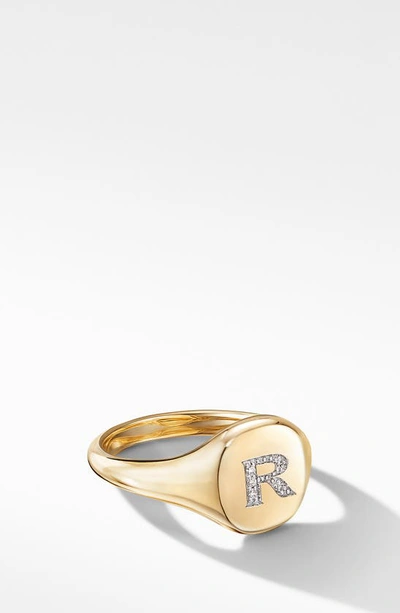 David Yurman Mini Dy Initial R Pinky Ring In 18k Yellow Gold With Diamonds In Diamond-r