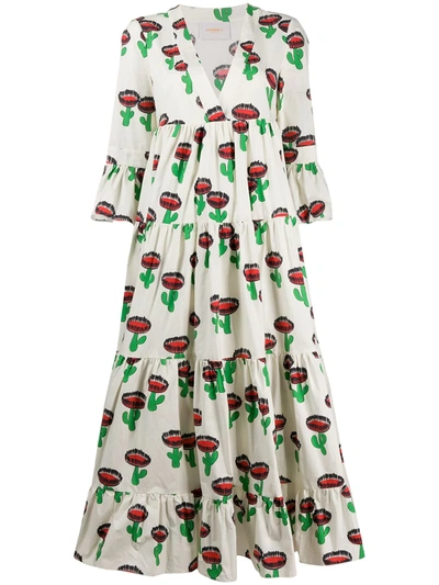 La Doublej Tiered Cactus Print Dress In Neutrals