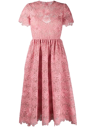 Valentino Floral Embroidery Midi Dress In Pink