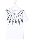Neil Barrett Kids White T-shirt With Black Fair-isle Thunderbolt Print On Front And Back In Weiss