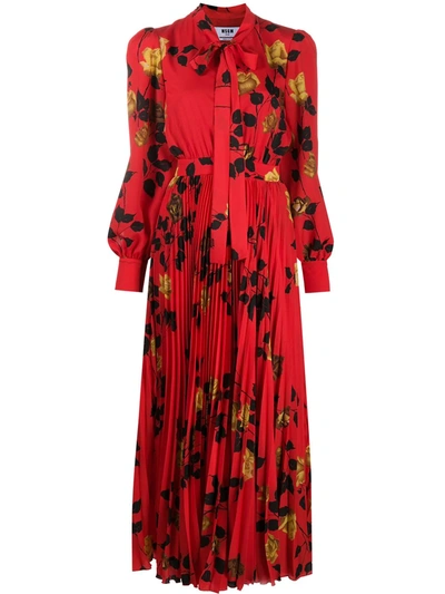 Msgm Rose-print Tie-waist Pleated Midi Dress In Red